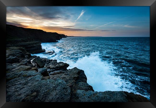 Waves breaking at Filey Brigg, North Yorkshire Framed Print by Andrew Kearton