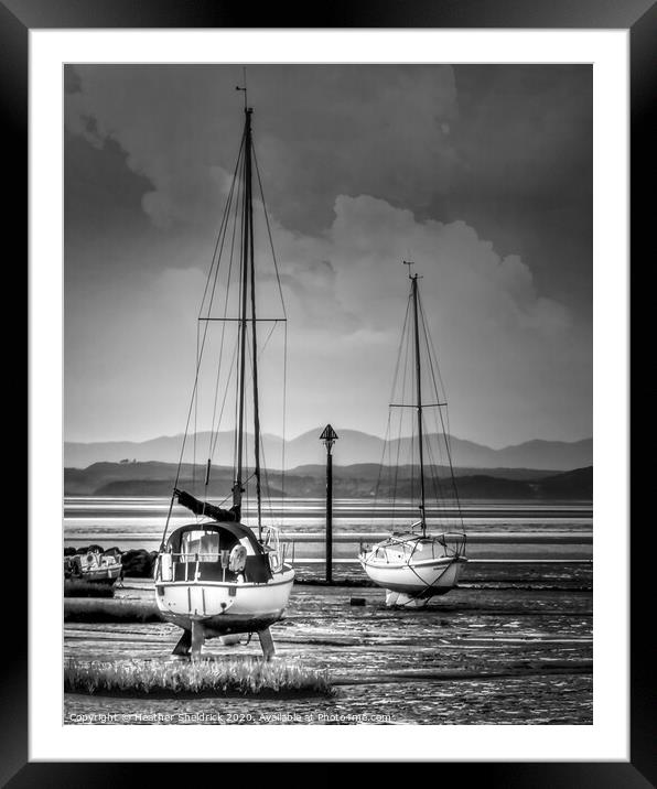 Morecambe Bay Yachts at Low Tide Black and White Framed Mounted Print by Heather Sheldrick