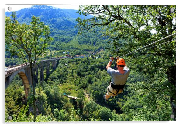 A tourist crosses over a long cable car over a mountain and a forest across the Tiara River. Acrylic by Sergii Petruk