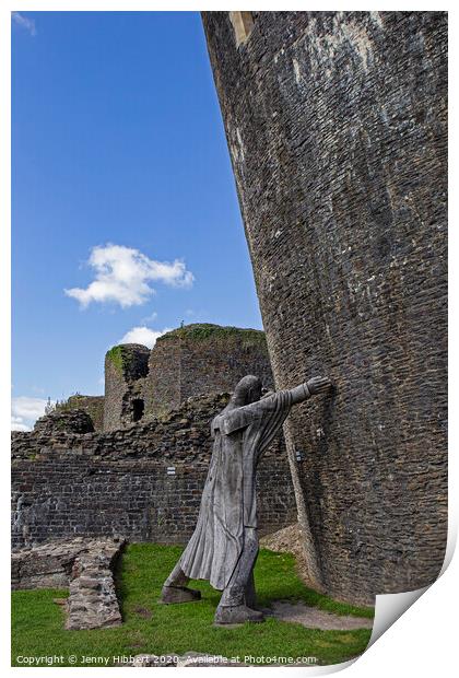 Marquess trying to hold up leaning tower of Caerphilly Castle Print by Jenny Hibbert