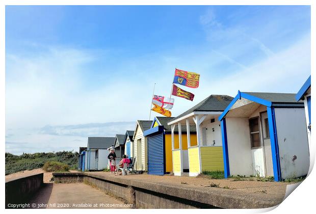 Beach hut flying the royal standard at Chapel point in Lincolnshire.  Print by john hill