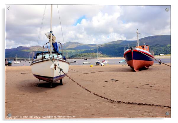 Beached boats  and mountains at Barmouth in Wales. Acrylic by john hill