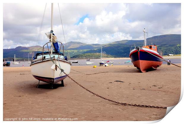 Beached boats  and mountains at Barmouth in Wales. Print by john hill