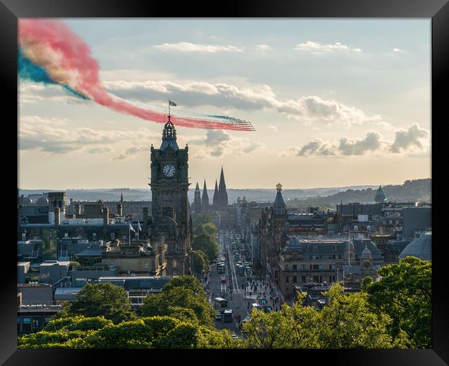 The world famous Red Arrow's over the Edinburgh skyline Framed Print by Miles Gray