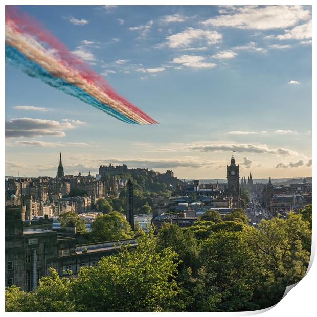 The world famous Red Arrow's over the Edinburgh skyline Print by Miles Gray