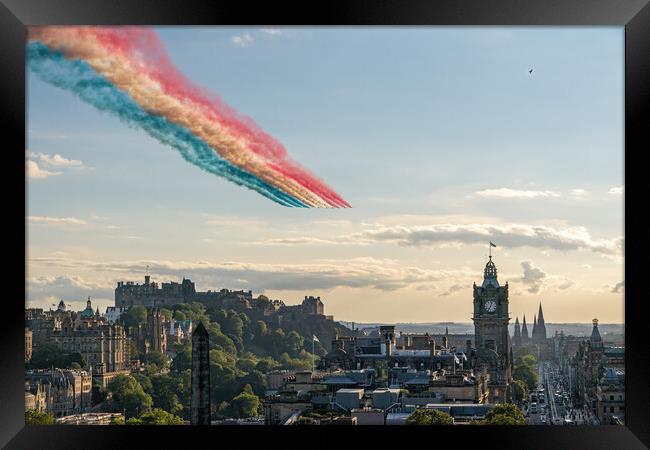 The world famous Red Arrow's over the Edinburgh skyline Framed Print by Miles Gray