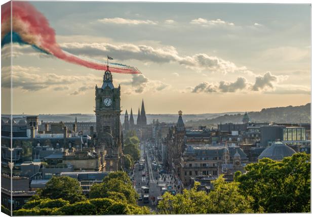 The world famous Red Arrow's over the City of Edinburgh skyline Canvas Print by Miles Gray