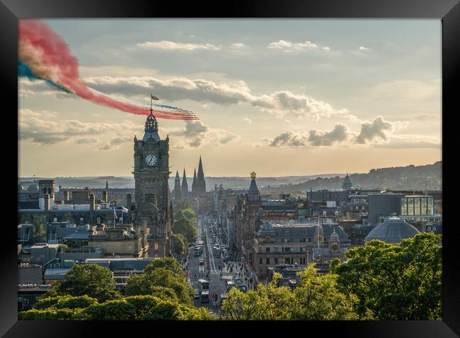 The world famous Red Arrow's over the City of Edinburgh skyline Framed Print by Miles Gray