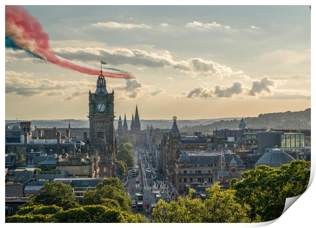 The world famous Red Arrow's over the City of Edinburgh skyline Print by Miles Gray