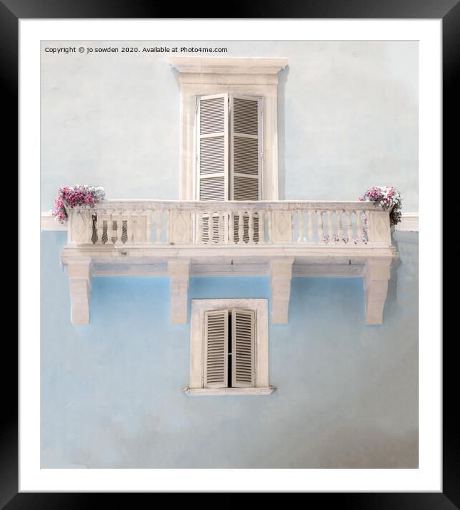 Balcony on Blue Framed Mounted Print by Jo Sowden