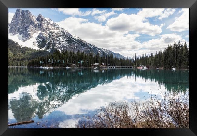 A Mountain, a Lake and a Lodge Framed Print by Belinda Greb
