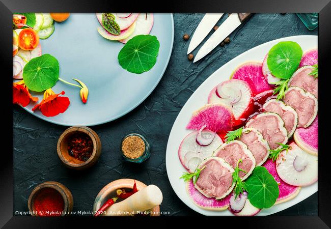 Salad with meat tongue and radish Framed Print by Mykola Lunov Mykola
