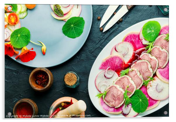 Salad with meat tongue and radish Acrylic by Mykola Lunov Mykola