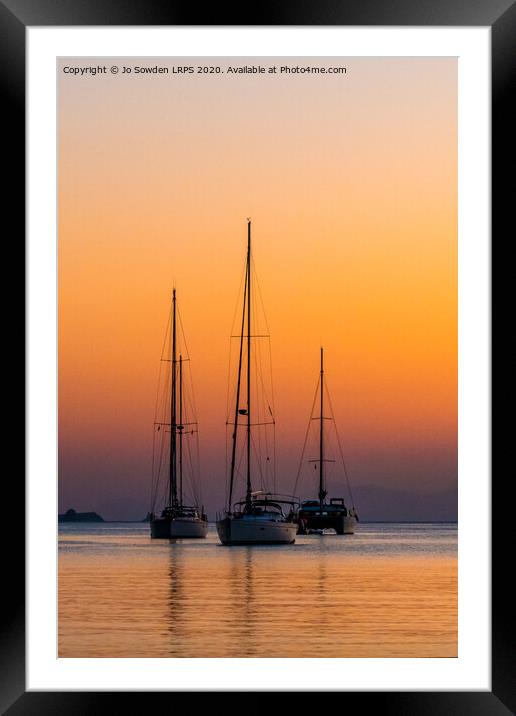 Three Boats at Sunset, Paros Framed Mounted Print by Jo Sowden