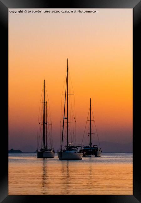 Three Boats at Sunset, Paros Framed Print by Jo Sowden