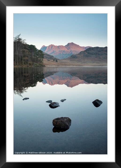 Beautiful Autumn Fall colorful sunrise over Blea Tarn in the Lake District with High Raise and The Langdales in the distance Framed Mounted Print by Matthew Gibson