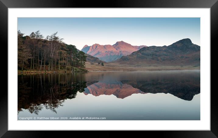 Beautiful Autumn Fall colorful sunrise over Blea Tarn in the Lake District with High Raise and The Langdales in the distance Framed Mounted Print by Matthew Gibson