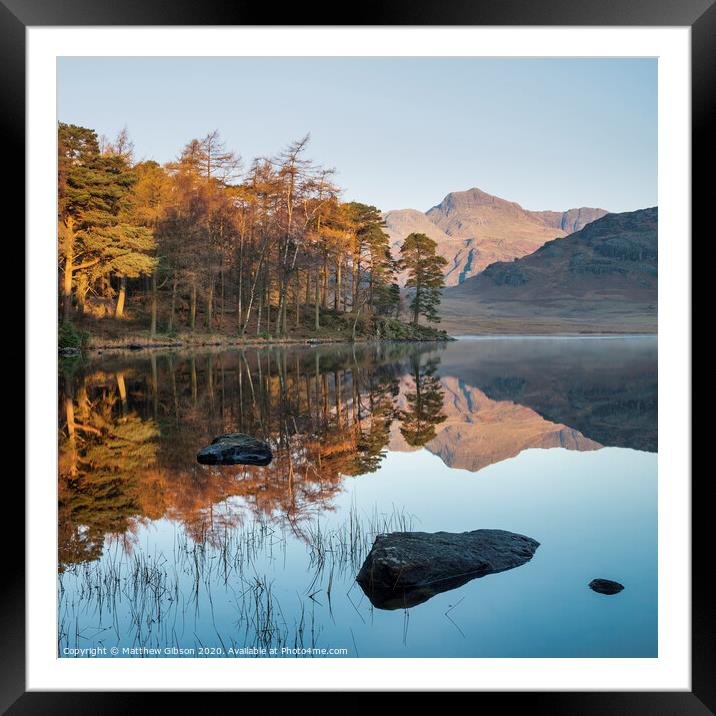 Beautiful Autumn Fall colorful sunrise over Blea Tarn in the Lake District with High Raise and The Langdales in the distance Framed Mounted Print by Matthew Gibson