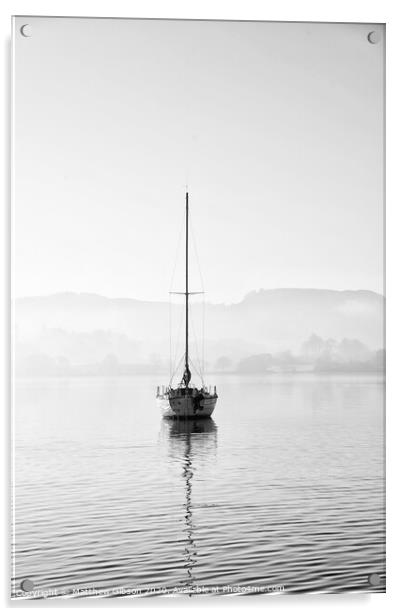 Stunning unplugged fine art landscape image of sailing yacht sitting still in calm lake water in Lake District during peaceful misty Autumn Fall sunrise Acrylic by Matthew Gibson