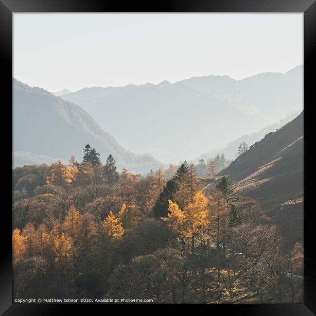 Beautiful Autumn Fall landscape image of the view from Catbells in the Lake District with vibrant Fall colors being hit by the late afternoon sun Framed Print by Matthew Gibson