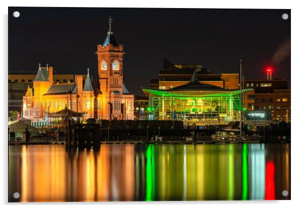 The Senedd and  Pierhead reflections  Acrylic by Dean Merry