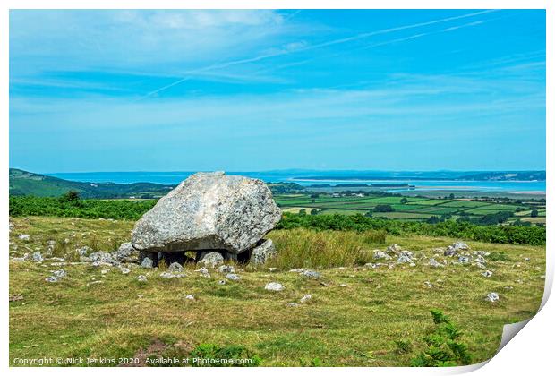 Arthurs Stone on Cefn Bryn Ridge Gower Peninsula Print by Nick Jenkins