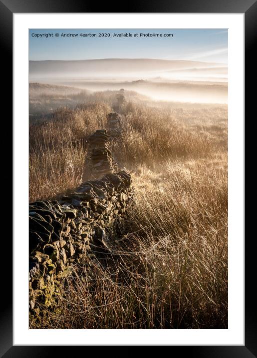 Mist and spider webs on the moors of the Peak Dist Framed Mounted Print by Andrew Kearton