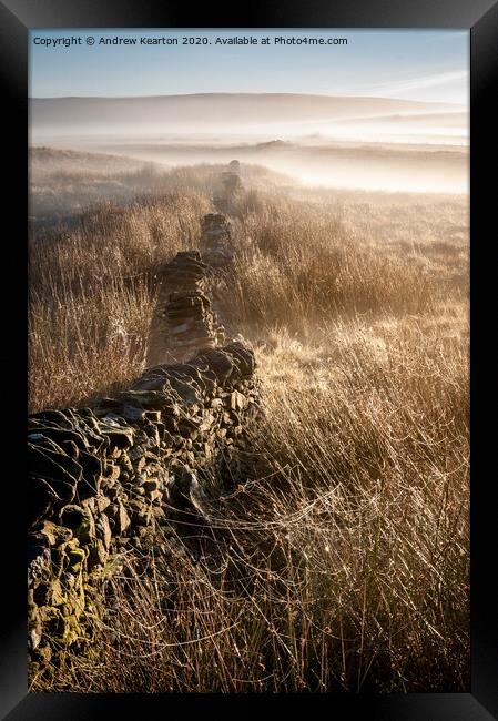 Mist and spider webs on the moors of the Peak Dist Framed Print by Andrew Kearton