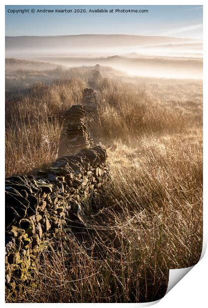 Mist and spider webs on the moors of the Peak Dist Print by Andrew Kearton