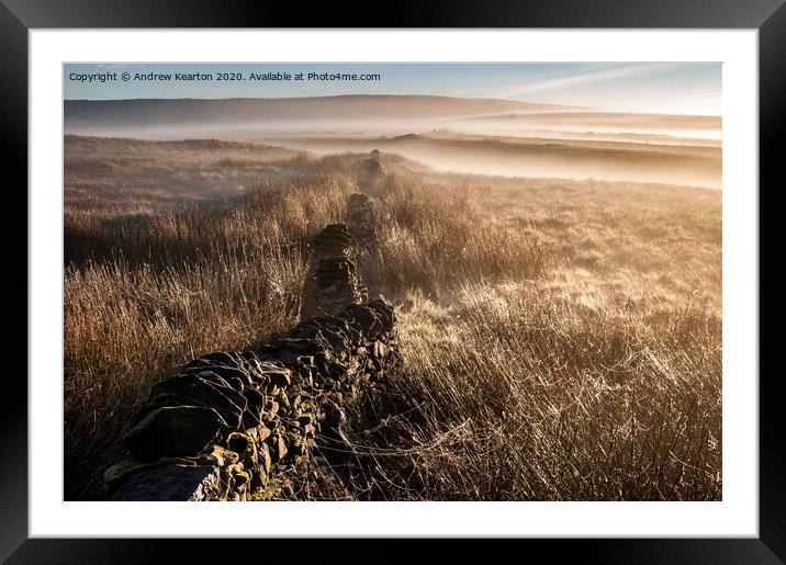 Mist and spider webs on the Pennine moors  Framed Mounted Print by Andrew Kearton