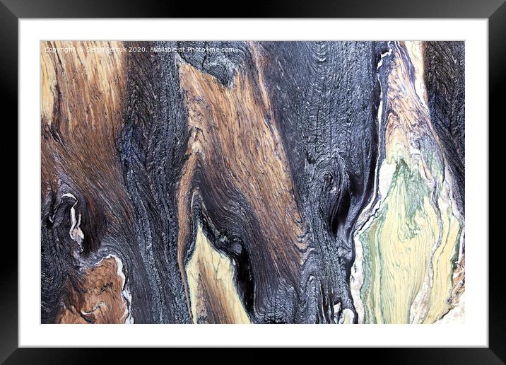 Unusual and mysterious brown, black, green and white marble texture. Polished surface. Framed Mounted Print by Sergii Petruk