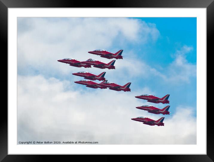 The Red Arrows in formation at a display at Southend on Sea, Essex, UK. Framed Mounted Print by Peter Bolton