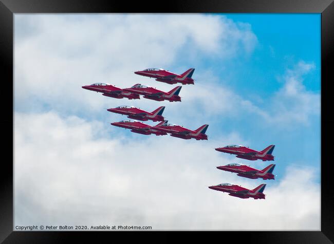 The Red Arrows in formation at a display at Southend on Sea, Essex, UK. Framed Print by Peter Bolton