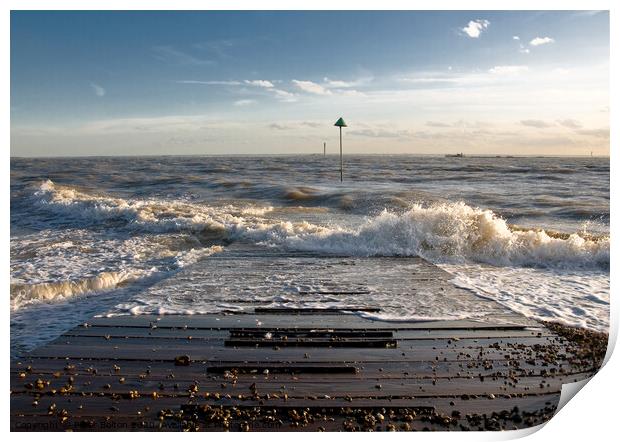 Outgoing tide at Sailing club jetty, Thorpe Bay, Essex, UK. Print by Peter Bolton