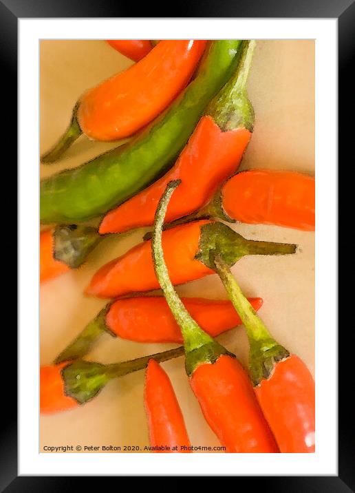 Abstract  wall art of chillies #3 of a set of three. Framed Mounted Print by Peter Bolton