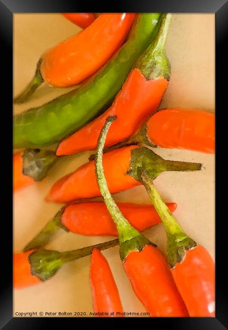 Abstract  wall art of chillies #3 of a set of three. Framed Print by Peter Bolton