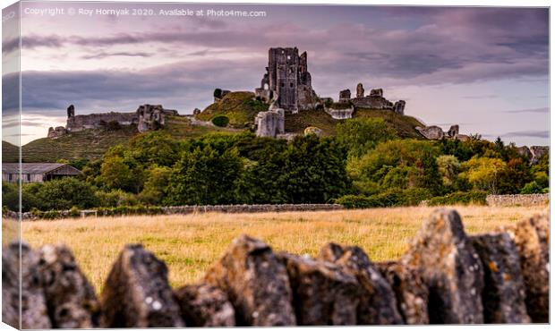corfe castle, taken from the carpark in the village of the same name, purbeck, dorset, uk Canvas Print by Roy Hornyak