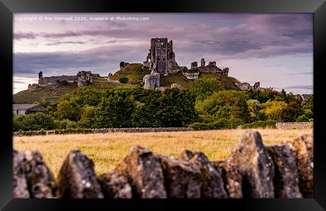 corfe castle, taken from the carpark in the village of the same name, purbeck, dorset, uk Framed Print by Roy Hornyak