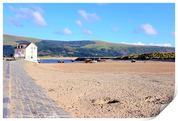 Cafe beach and mountains at Barmouth in Wales. Print by john hill