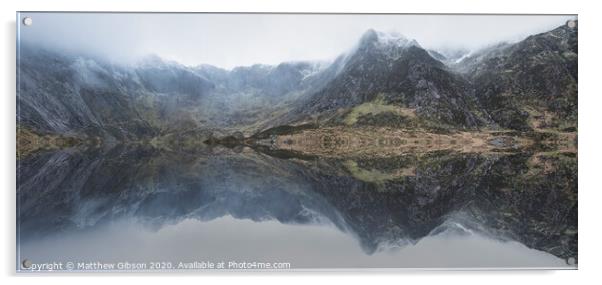 Beautiful moody Winter landscape image of Llyn Idwal and snowcapped Glyders Mountain Range in Snowdonia Acrylic by Matthew Gibson