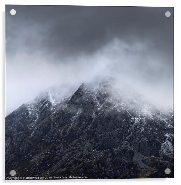Stunning detail landscape images of snowcapped Pen Yr Ole Wen mountain in Snowdonia during dramatic moody Winter storm Acrylic by Matthew Gibson