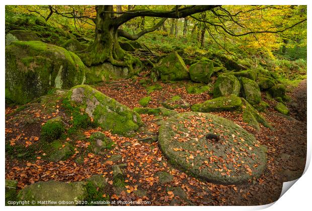Beautiful vibrant Autumn Fall forest landscape image of millstone in woodland in Peak District Print by Matthew Gibson