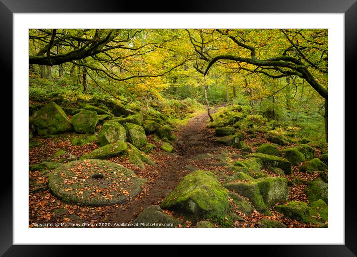Beautiful vibrant Autumn Fall forest landscape image of millstone in woodland in Peak District Framed Mounted Print by Matthew Gibson