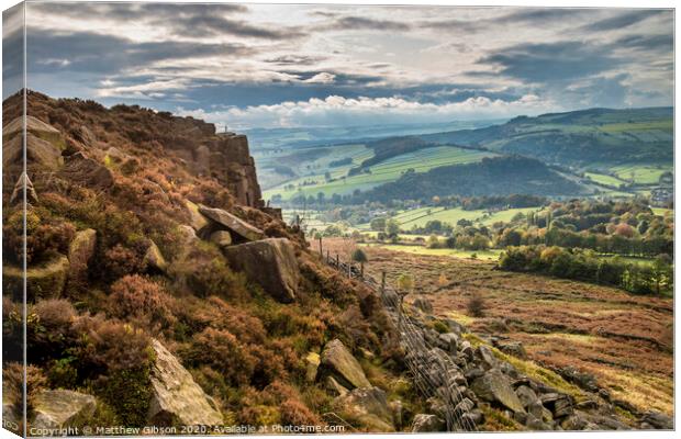Stunning Autumn Fall landscape image of countryside view from Curbar Edge in Peak District England at sunset Canvas Print by Matthew Gibson