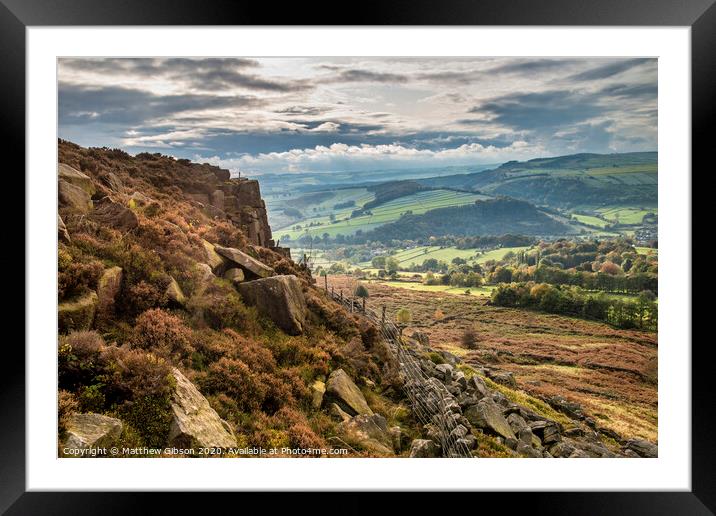 Stunning Autumn Fall landscape image of countryside view from Curbar Edge in Peak District England at sunset Framed Mounted Print by Matthew Gibson