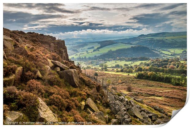 Stunning Autumn Fall landscape image of countryside view from Curbar Edge in Peak District England at sunset Print by Matthew Gibson