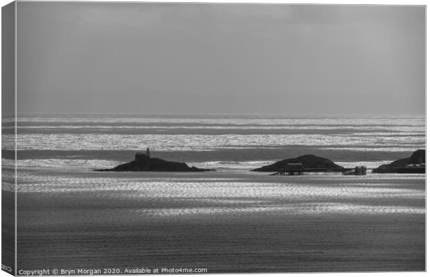 Mumbles lighthouse in black and white Canvas Print by Bryn Morgan