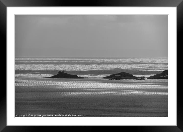 Mumbles lighthouse in black and white Framed Mounted Print by Bryn Morgan