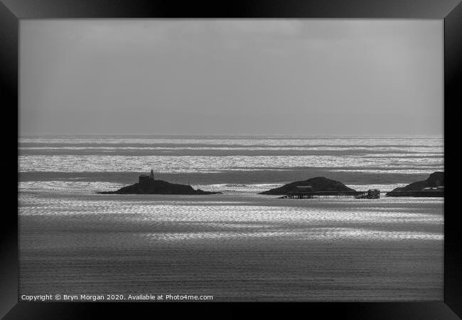 Mumbles lighthouse in black and white Framed Print by Bryn Morgan