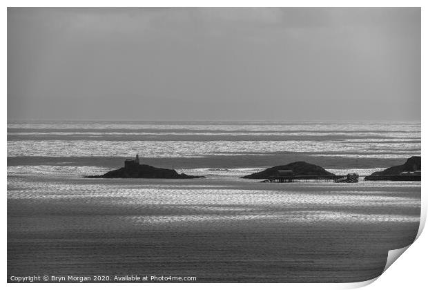 Mumbles lighthouse in black and white Print by Bryn Morgan